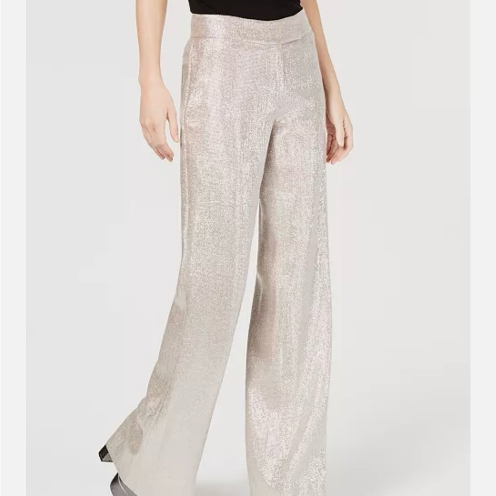 Rachel Zoe Wide Leg Linen Pants Tan Metallic Pull On Pockets Size L Shimmer